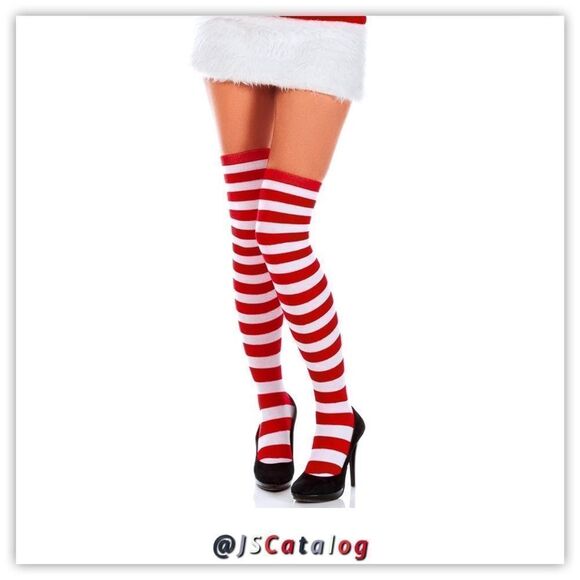 Candy Cane Striped Cotton Thigh-Highs Socks OSFM - Picture 4 of 13